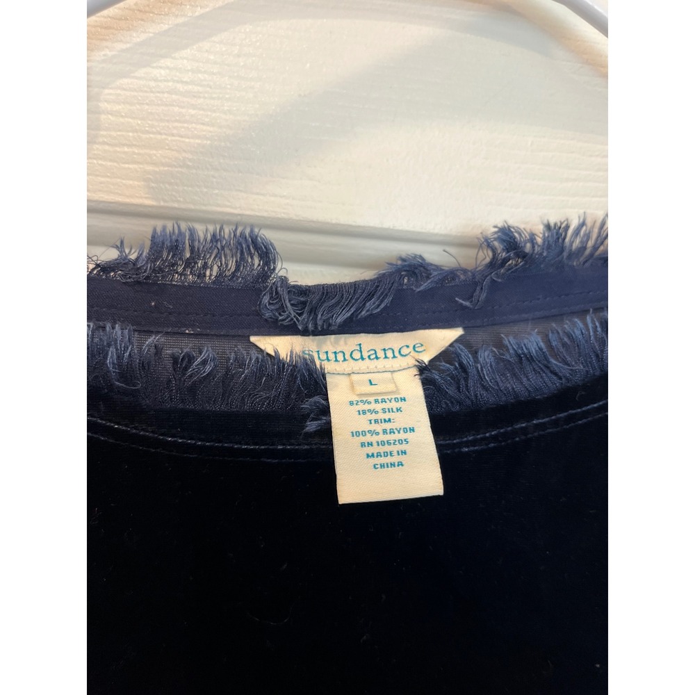 Sundance Silk Blend Velvet Blouse Navy Blue Fringe Trim Dolman Sleeve Top L b3 - Picture 3 of 5